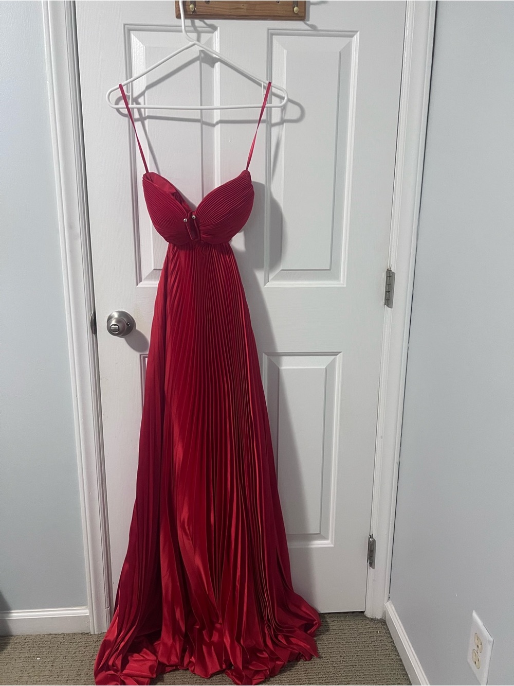 Radiant Red Pleated Prom Dress with Spaghetti Straps